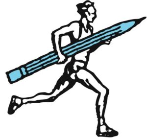 a man running, holding a giant blue pencil