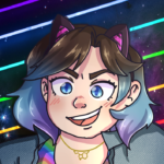 Illustration of a grinning female-presenting person, with blue hair and wearing cat ears